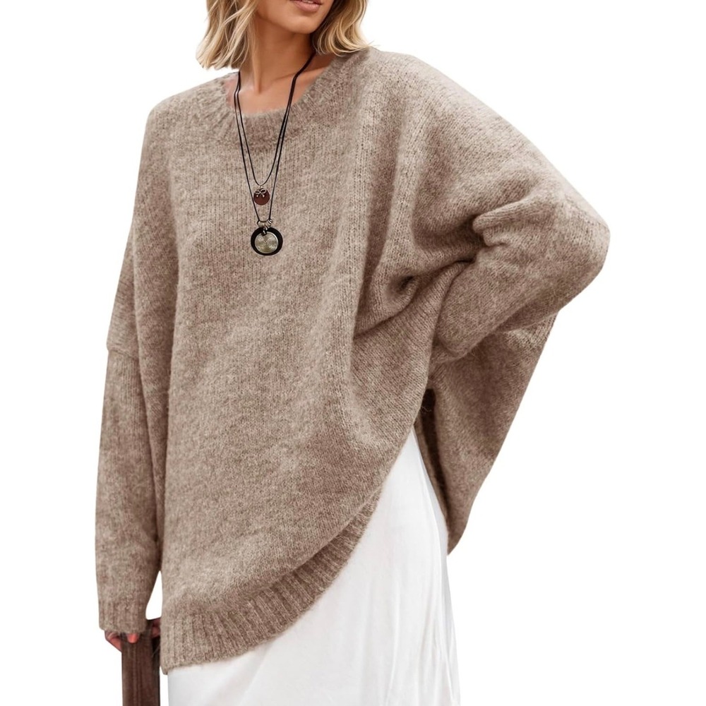 Minimalist Womens Oversized Mock Neck Lantern Sleeve Knit Sweater Tan XL NWT